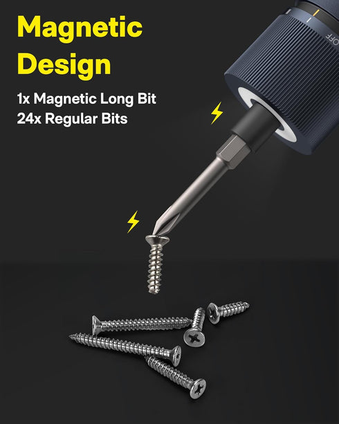 25-Piece 1/4'' 1500mAh HOTO Upgraded Electric Screwdriver Kit, Hex, Magnetic Lid, Rechargeable Cordless Screwdriver