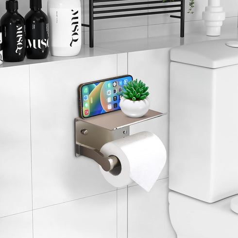 Homely Trove Toilet Paper Holder with Shelf - Self Adhesive Tissue Towel Dispenser or Wall Mounted Toilet Paper Roll