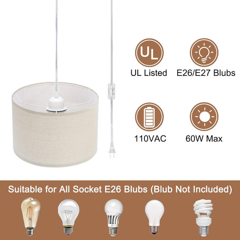 15Ft E26/E27 Bulb PATIKIL Plug in Pendant Light, Rope Cord Hanging Lamp Fixture with ON/Off Switch, Linen Fabric Shade