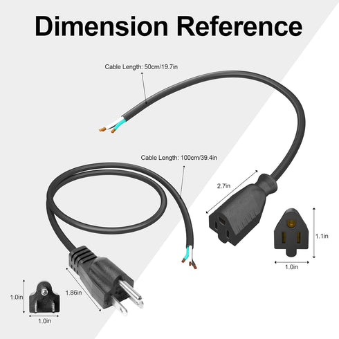QTEATAK Male and Female Connector Extension Cord, 125V 15A 2-Pole 3-Wire, 50cm Female and 100cm Male Plug with AWG14