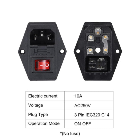 MECCANIXITY Power Switch 10A 250V AC Rocker Switch 3 Pin IEC320 C14 Inlet Male Power Socket, Pack of 1