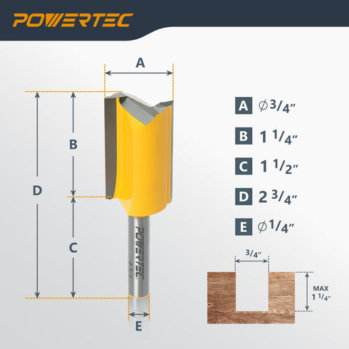 1/4 3/4" 1-1/4" (73066) POWERTEC Tungsten Carbide Tipped Double Flute Straight Router Bit, " Shank, Cutting Dia.