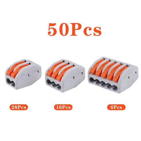 50PCS Lever Wire Connectors Nuts Assortment Kit 28-12 AWG, 2/3/5 Conductor Combination Compact, Electrical Insulated Terminals, Quick Disconnect Compact Splicing Connectors
