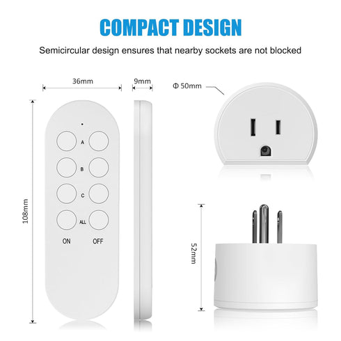 SURNICE Mini Remote Control Outlet Plug, 10A Wireless Light Switch Plug for Household Appliances, 5 Outlets + 2 Remotes