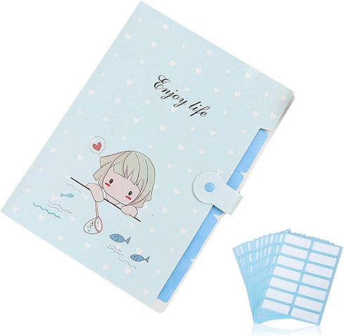 Cute Cartoon Plastic A4 Expanding File Folder Pockets with 168 Pcs File Folder Labels