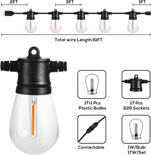 51FT 17 18 Dimmable Bulb Banord Outdoor Shatterproof LED String Lights, Waterproof Hanging Sockets with x LED Garden
