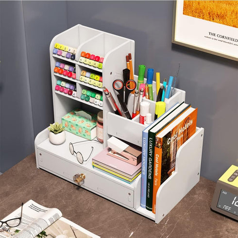 Upgraded Desktop Stationary Organizer with Drawer, DIY White Pencil Holder for Home, Office and School Tidy Caddy