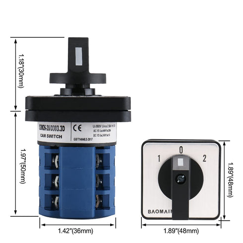 Baomain 660V 20A On-Off-On Changeover Control Rotary Cam Switch, 3 Positions, 12 Terminals SZW26-20/D303.3