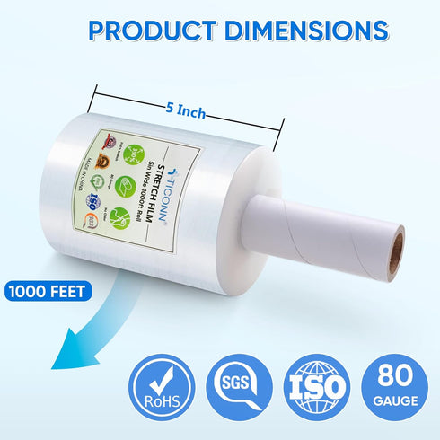 TICONN 5'' Stretch Wrap Film, 1000ft 80 Gauge Industrial Strength Clear Plastic Wrap with Handles for Shipping, Moving