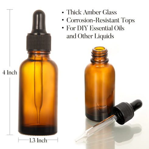 AOZITA Set of 4, 1 oz Eye Dropper Bottles with 1 Stainless Steel Funnel & 4 Labels - 30ml Dark Amber Glass