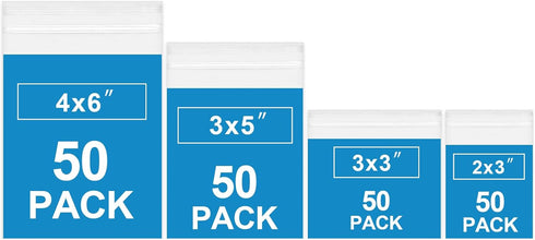 200 Pack Small Plastic Bags for Jewelry, Mini Baggies in 4 Assorted Sizes, Clear Poly Zipper Lock Bags