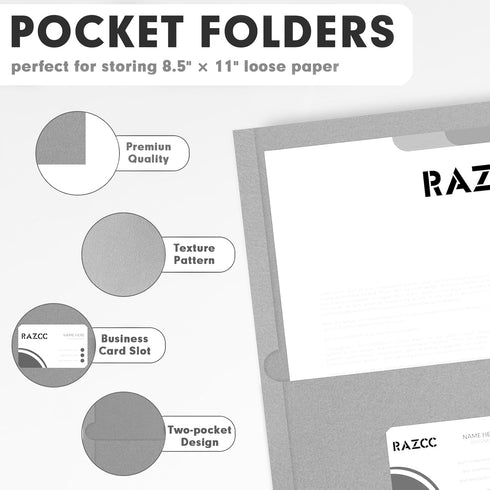 RAZCC 50 Pack Two Pocket Folders, Letter Size Paper Folders with Pockets for School Office Business, Grey