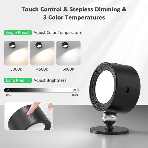 Racokky 2 3 Dimmable 360 3000mAh LED Wall Lights Pcs, Wall Lamp Color Temperatures & Magnetic Rotation with Remote