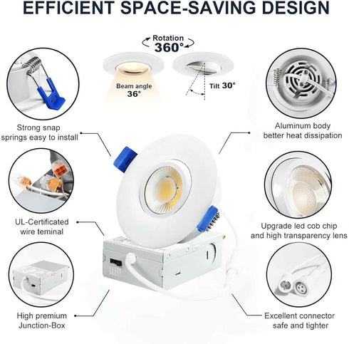 3 Inch 5CCT 2700K-6000K Dimmable, 10W, 1 Pack LTpro Recessed Lighting Gimbal LED, Waterproof Shower Light, Adjustable