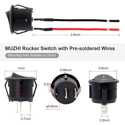 Round Rocker Switch, 6 Pcs Mini 12 Volt ON Off Toggle Switch with Pre-Wired 6A/250V, 10A/125V AC for Boat, Car