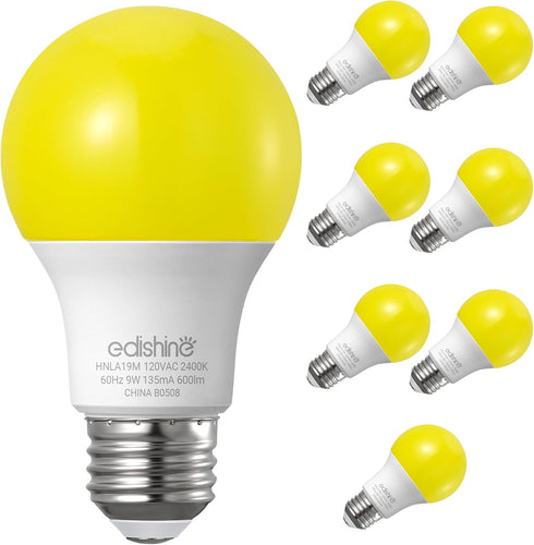 EDISHINE A19 Yellow Light Bulbs, 9W(60W Equivalent), 600LM 2400K Amber Glow, E26 Medium Base, Non-Dimmable, 8 Pack