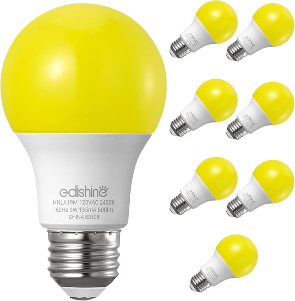 EDISHINE A19 Yellow Light Bulbs, 9W(60W Equivalent), 600LM 2400K Amber Glow, E26 Medium Base, Non-Dimmable, 8 Pack