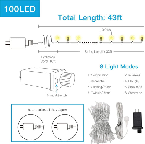 suddus 33FT LED String Lights, 100 Fairy Lights Plug in, Warm White Christmas Lights for Home, Yard, Room