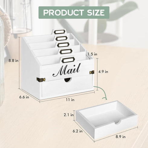 Wood Mail Organizer Countertop, Desktop Mail Holder with 4 Compartments and Drawer, File Organizer Wall Mount, Desk