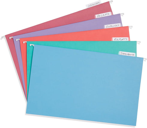 Blue Summit Legal Hanging File Folders, Assorted Gem Tones, 25 Hanging Files for Organization, 25 per Box