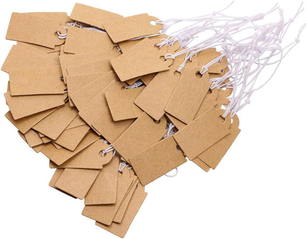 Shapenty 100PCS Small Blank Writable Paper Price Marking Tags, 25x13mm, Bronze with Hanging String for Craft Jewelry