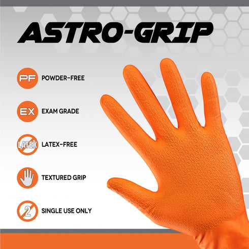 Astro-Grip Powder-Free Nitrile Disposable Gloves - Exam Grade, Size Large, Orange, 7 mil Thickness, Pack of 100