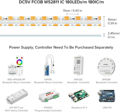 WS2811(WS2812B) 180LED/m 180IC DC5V 3.2FT 10mm BTF-LIGHTING FCOB COB IC RGB LED Strip Individual Addressable Flexible