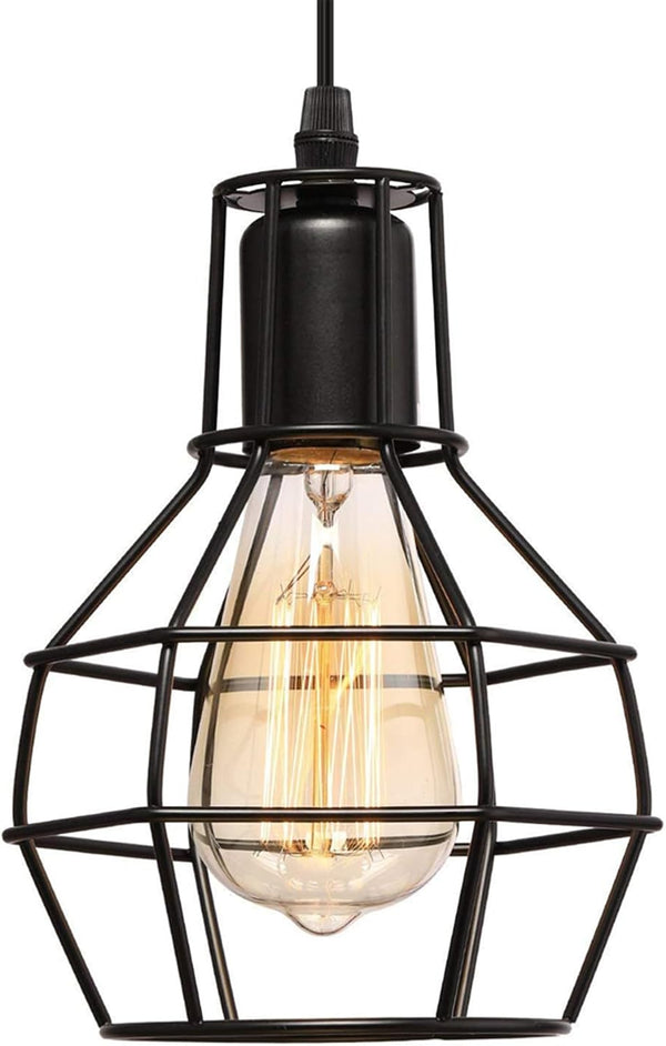 EFAYCRR Industrial Pendant Light, Rustic Farmhouse Pendant Light, Black Metal Wire Cage Hanging