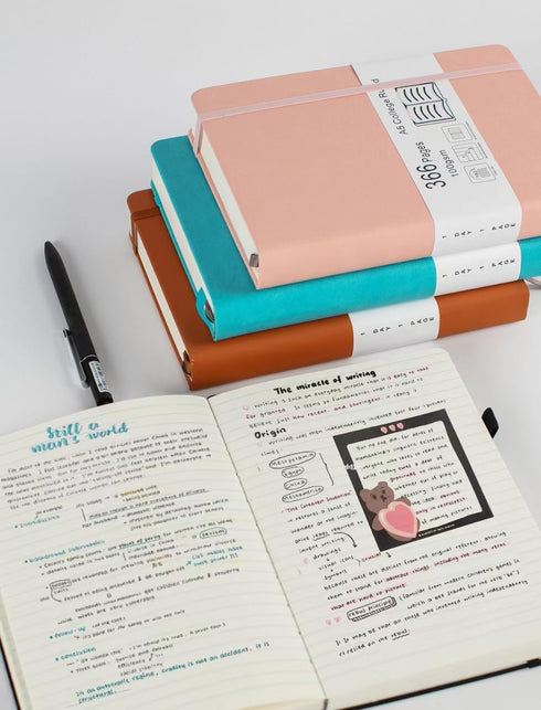 Thick College Ruled Notebook, 366 Numbered Pages, A5 Journal for Writing, 100GSM Lined Paper, Hardcover Leather