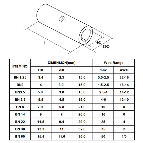 20 Pcs Non-Insulated Butt Connectors, AWG #6 Seamless Uninsulated Wire Connectors for Electrical Wire Ferrule