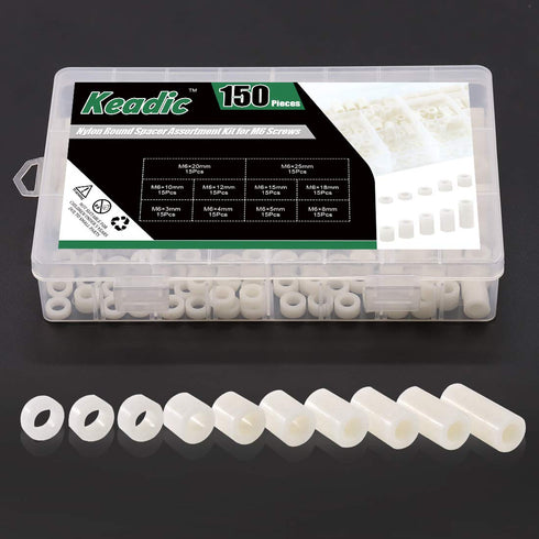 Keadic 150 Pieces Nylon Round Spacer Standoffs Assortment Kit for M6 Screws, OD 11mm and ID 6.2mm