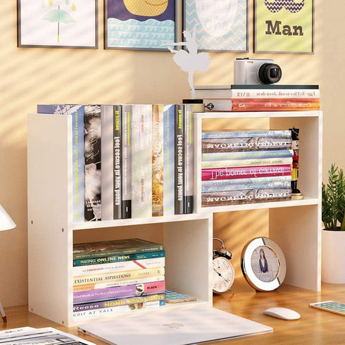 Expandable Wood Desktop Bookshelf - Adjustable Office Storage Rack, Display Shelf for Supplies