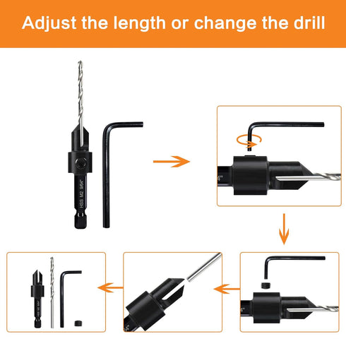 7-Piece Countersink Drill Bit Set, M2 Woodworking Bits for #4, 6, 8, 10, 12, 14 Screws with Hex Shank