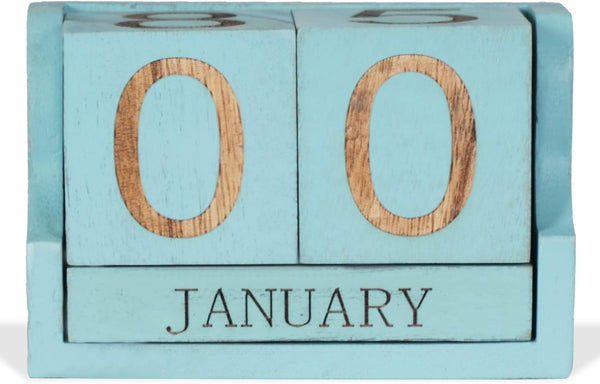 Wooden Desk Calendar Blocks, Perpetual Date Block for Teachers, Rustic Decoration, Small Home Desktop Decor (Ocean Blue)