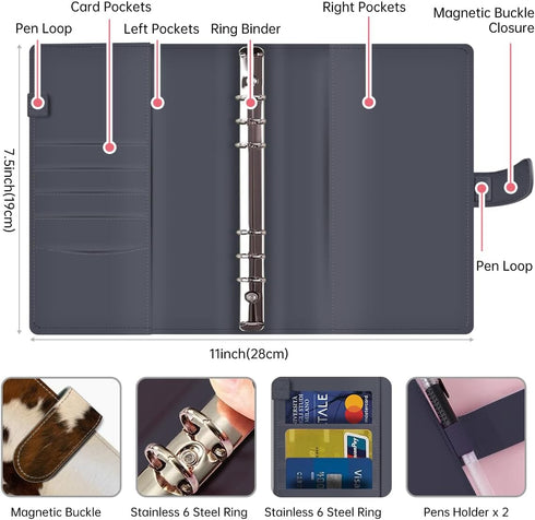 Budget Binder, Cute A6 Money Saving Binder with Zipper Envelopes, PU Leather Organizer for Cash and Expenses