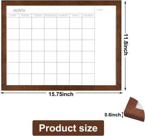 TORASO Dry Erase Monthly Calendar Board, Solid Wood Frame Magnetic Whiteboard for Wall, 12"x 16" Walnut Brown