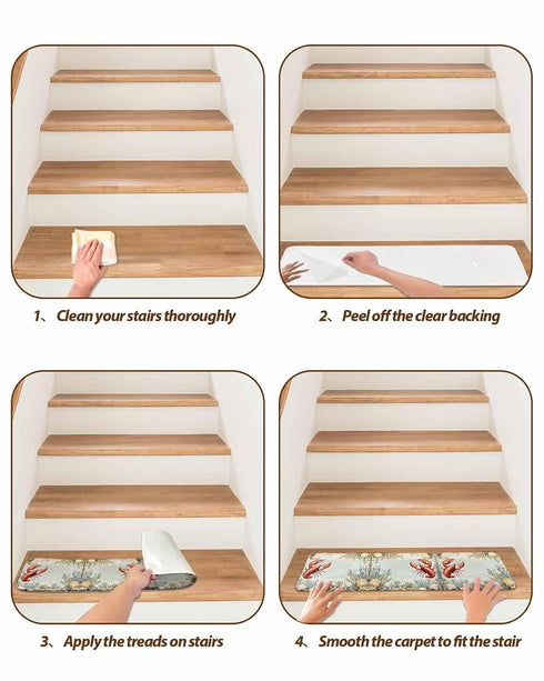 BOHOOSKYLAR 4 8"x30" Marine Life Stair Treads Lobster Shell Coral Blue Background Indoor Non Slip Peel and Stick Stair