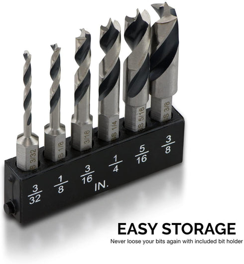 NEIKO 11401A 6 Piece Brad Point Drill Bit Set, Stubby for Wood, 1/4" Quick Change Hex Shank