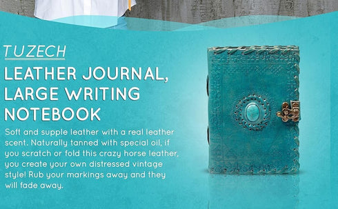 TUZECH Leather Journal, Large Handmade Bound Vintage Writing Notebook, 7 x 5 Inches, Gift for Art Sketchbook