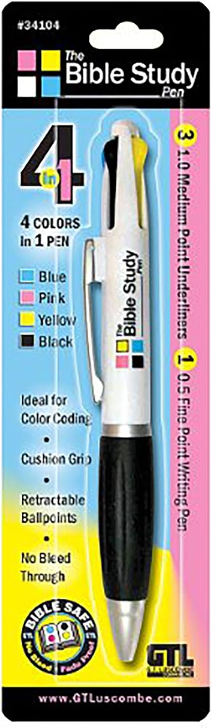 G.T. Luscombe Bible Study, 4-Colors-In-1, Blue, Pink, Yellow, Black, Color Coding, No Bleed, Retractable, Cushion Grip, Ballpoints, 1.0 Medium Point Underliner, 0.5 Fine Point Writing Pen by G.T. Luscombe Company, Inc.