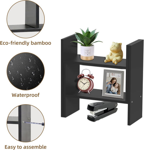 TY ARTS & CULTURE Expandable Wood Desktop Storage Organizer - Multipurpose Desk Bookshelf Display Shelf Rack, Black