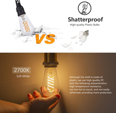 ST58 (ST19) Bulb,Soft 2700K,Antique Bulb,600LM,6W 60W,CRI 80+,E26 Plastic,6 Pack Vintage Edison LED White Flexible
