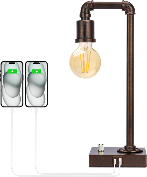 Dimmable 6W Bulb Industrial Table Lamp for Bedroom, Fully Bedside Lamp with USB C+A Ports, Vintage Lamp with Water Pipe