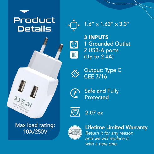 Ceptics European, Egypt Travel Adapter Plug with Dual USB - Type C - 2 Pack - Light Weight for Cell Phones, Chargers,