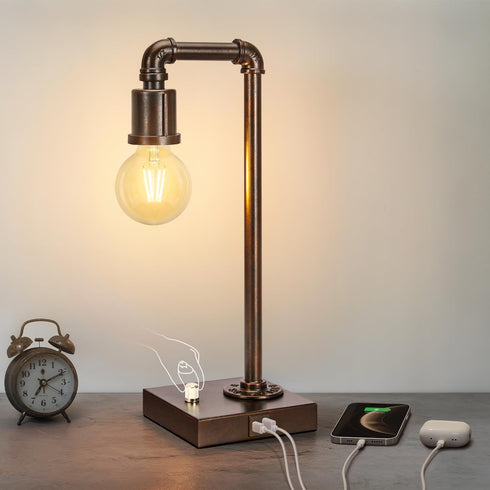 Industrial Table Lamp for Bedroom, Fully Dimmable Bedside Lamp with USB C+A