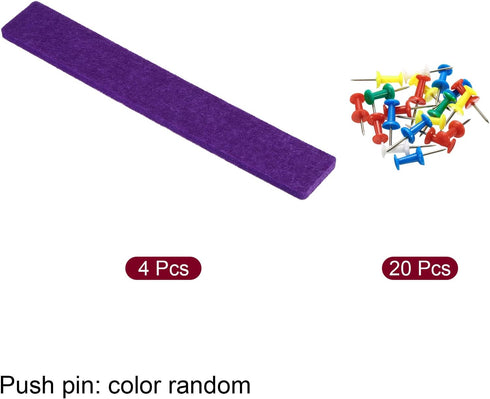 PATIKIL 4 Pack Felt Bulletin Board Bar Strip, Self Adhesive Wall Pin Board with Push Pins for Home Office Decor, Purple