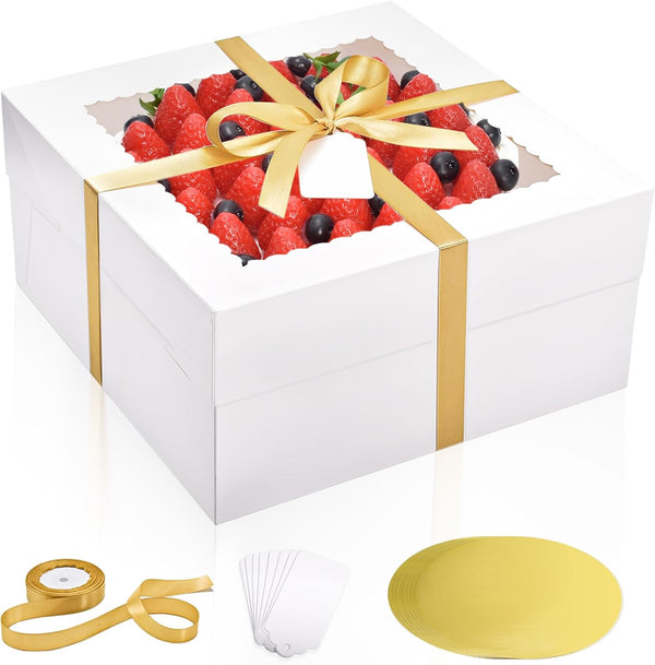 16Pcs Cake Boxes with Cake Boards (8Pcs White Boxes, 8Pcs Boards), 12x12x6 Inch Bakery Boxes with Window for Parties