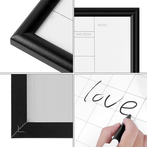 Dry Erase White Board & Monthly Calendar Board - Black Frame, Small Planning Board for Office, School, Home (12" x 16")
