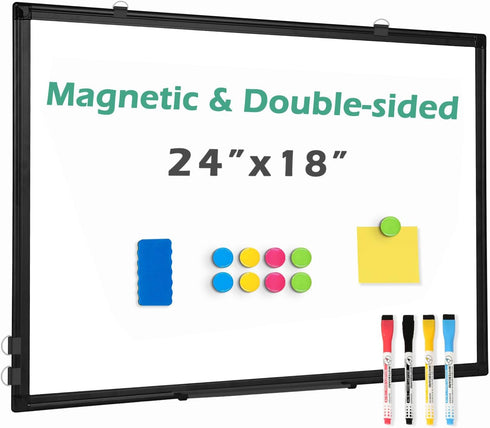 Double Sided Whiteboard, 24''X18'' Magnetic Dry Erase Board with Black Aluminum Frame for Wall Mounting