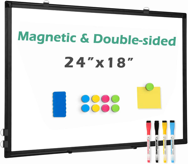 Double Sided Whiteboard, 24''X18'' Magnetic Dry Erase Board with Black Aluminum Frame for Wall Mounting